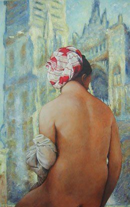 Painting of a person facing away wearing something on their head.
