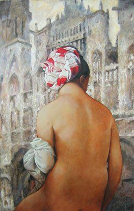 Painting of a person facing away wearing something on their head.