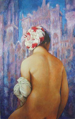 Painting of a person facing away wearing something on their head.