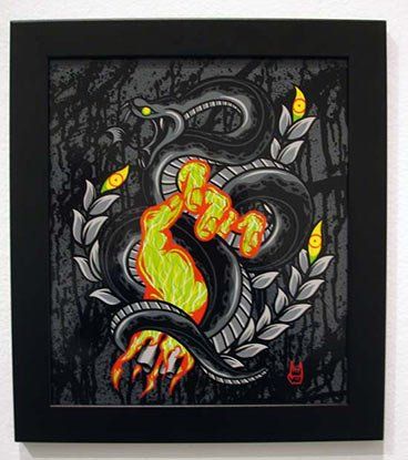 It is a painting of a snake eating a fireball.