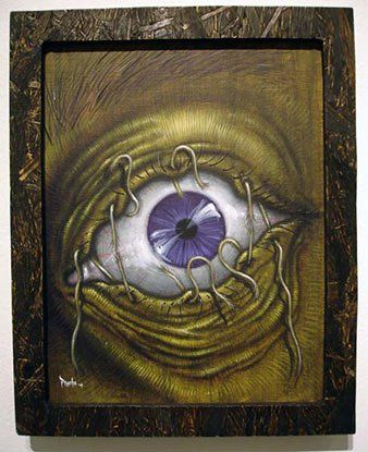 A painting of a monster eye with a purple iris
