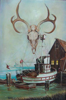 A painting of a boat with a deer skull on top of it.