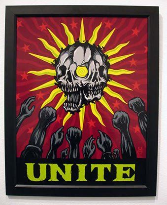 A poster with a skull and the word unite on it