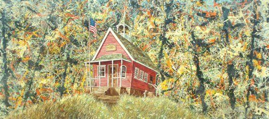 A painting of a red school house on top of a hill surrounded by trees.