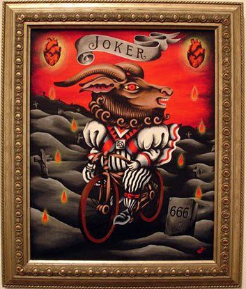 A framed painting of a joker riding a bike