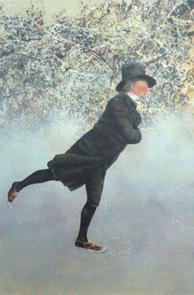 A man in a top hat is ice skating on a frozen lake.