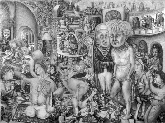 A black and white drawing of a group of people standing with each other.