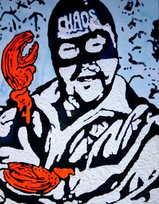 A painting of a man wearing a mask and a hat that says chaos