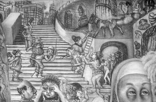 A black and white drawing of a group of people standing on stairs.