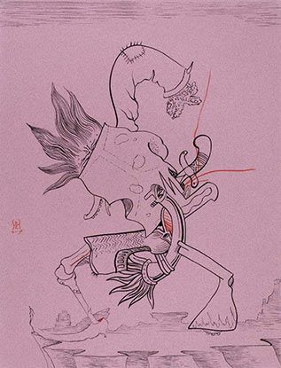A drawing of a monster on a pink background