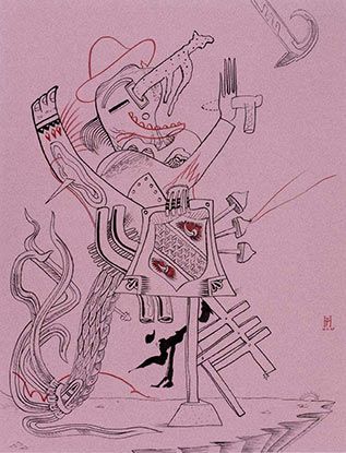 A drawing of a man with a cowboy hat on a pink background