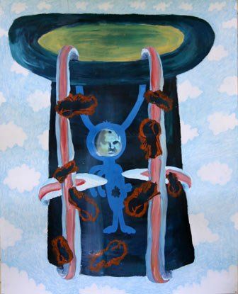 A painting of a blue rabbit with a face on it