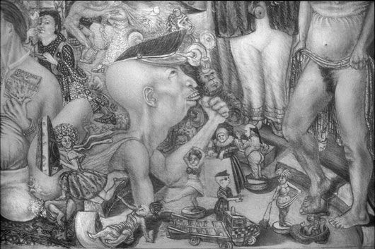 A black and white drawing of a group of people standing with each other.