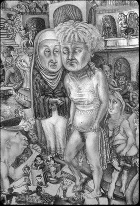 A black and white drawing of a group of people standing next to each other.