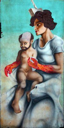 A painting of a woman holding a baby with lobster gloves.
