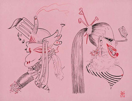 A drawing of a woman with long hair and a trumpet on a pink background.