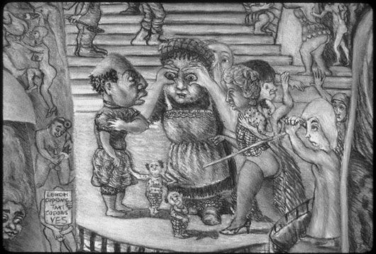 A black and white drawing of a group of people standing next to each other.