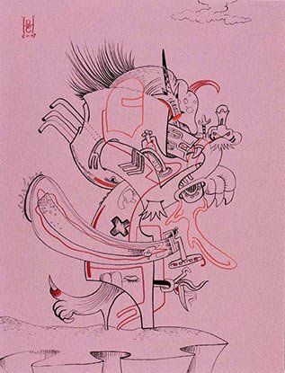 A drawing of a monster on a pink background.