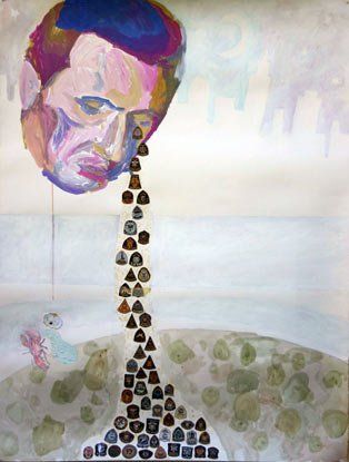 A painting of a man 's head with rocks pouring out of it.
