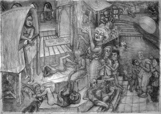 A black and white drawing of a group of people in a room.