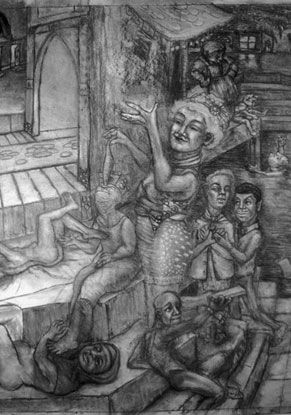 A black and white drawing of a group of people in a room.