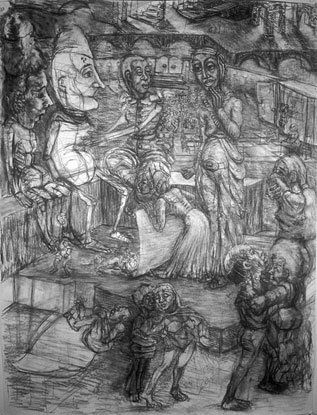 A black and white drawing of a group of people standing around a table.