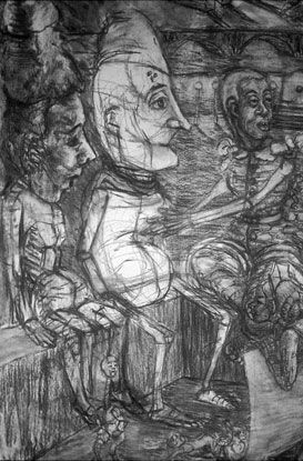 A black and white drawing of a group of people sitting next to each other.