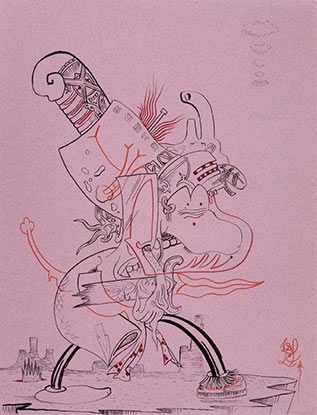 A drawing of a monster on a pink background.