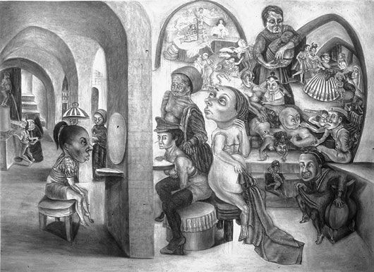 A black and white drawing of a group of people in a room.