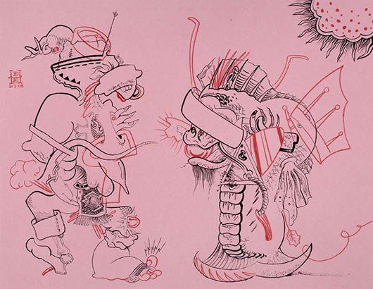 A drawing of two monsters standing next to each other on a pink background.