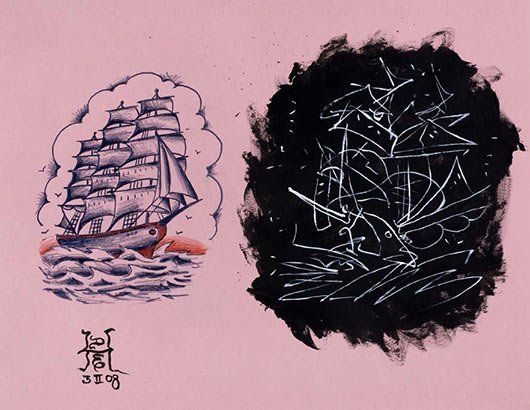 A drawing of a sailboat on a pink background