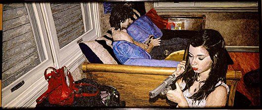 Art of a woman holding a gun and a person sitting on a yellow couch.