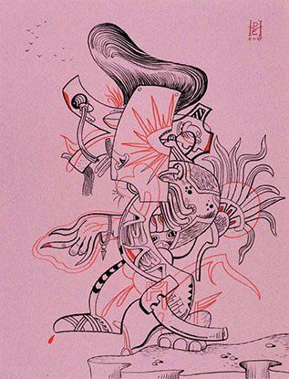 A drawing of a man with a mohawk on a pink background.