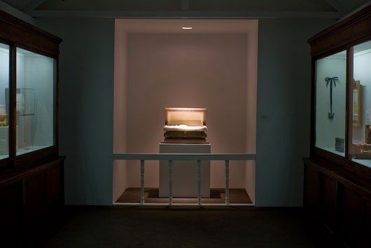 A display case in a museum with the letter t on it