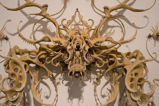 A sculpture made of bones and antlers is hanging on a wall.