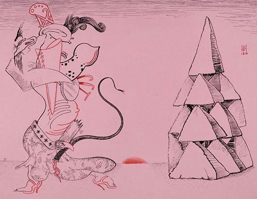 A drawing of a woman and a pyramid on a pink background