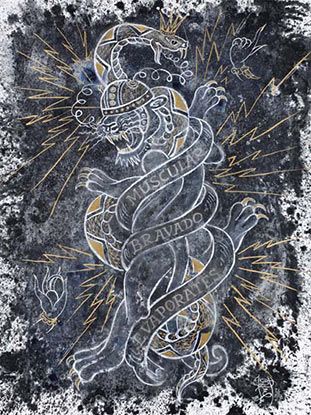 A black and white drawing of a tiger with a snake around its neck.