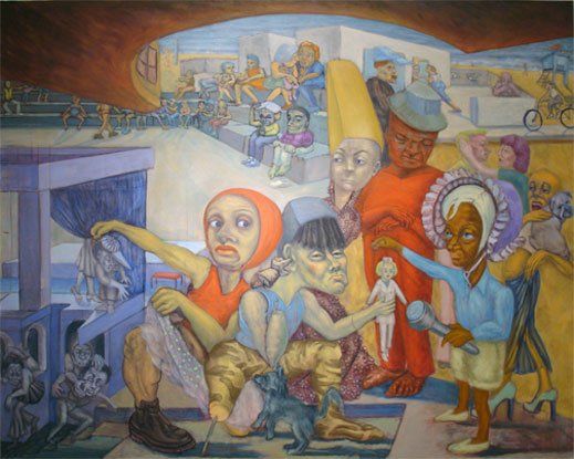 A painting of a group of people including a woman holding a microphone