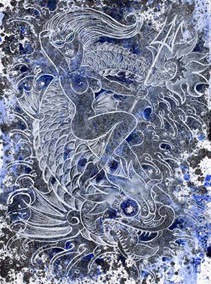 It is a painting of a mermaid holding a trident.
