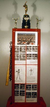 A red box with a picture of a baseball player on it