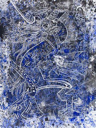 A black and white drawing of a dragon on a blue background.
