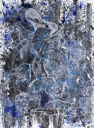 It is a painting of a woman in a blue dress.