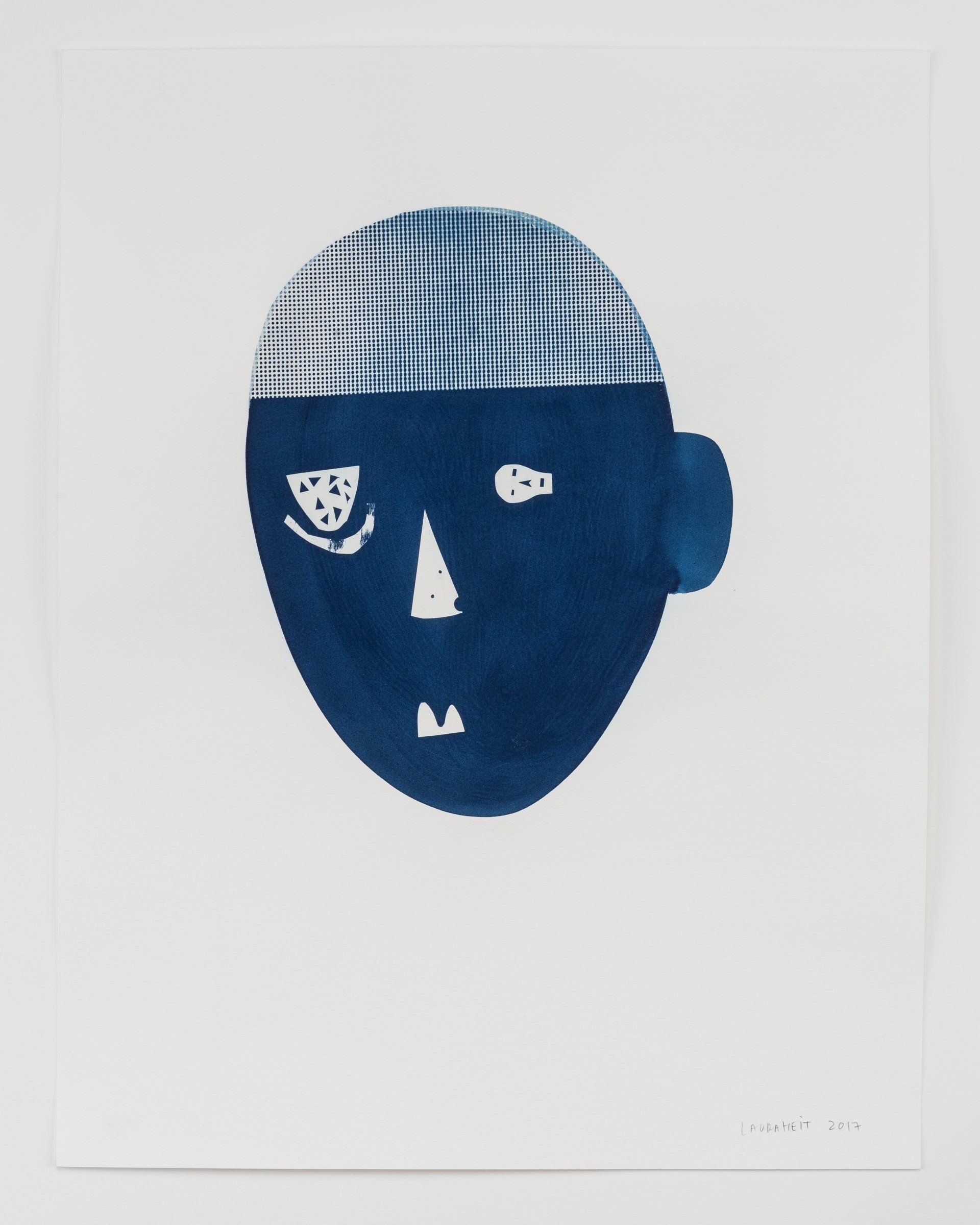 A blue and white painting of a face with a hat on