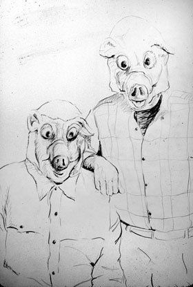 A black and white drawing of two pigs wearing plaid shirts.