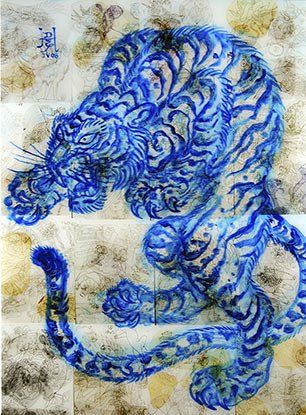 A painting of a blue and white tiger on a white background.