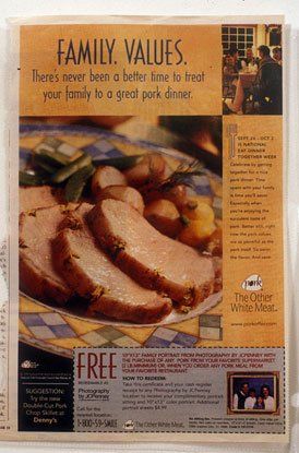 An advertisement for pork dinner says family values