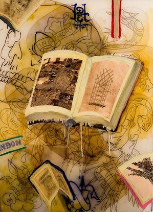 A painting of a book sitting on top of a table.