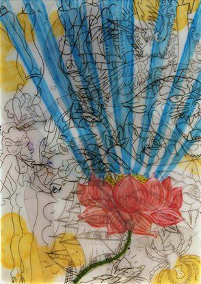 A painting of a red flower on a blue and yellow background