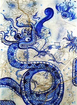 A blue and white drawing of a dragon with a long tongue.