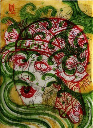 A painting of a woman 's face with flowers and leaves on it.